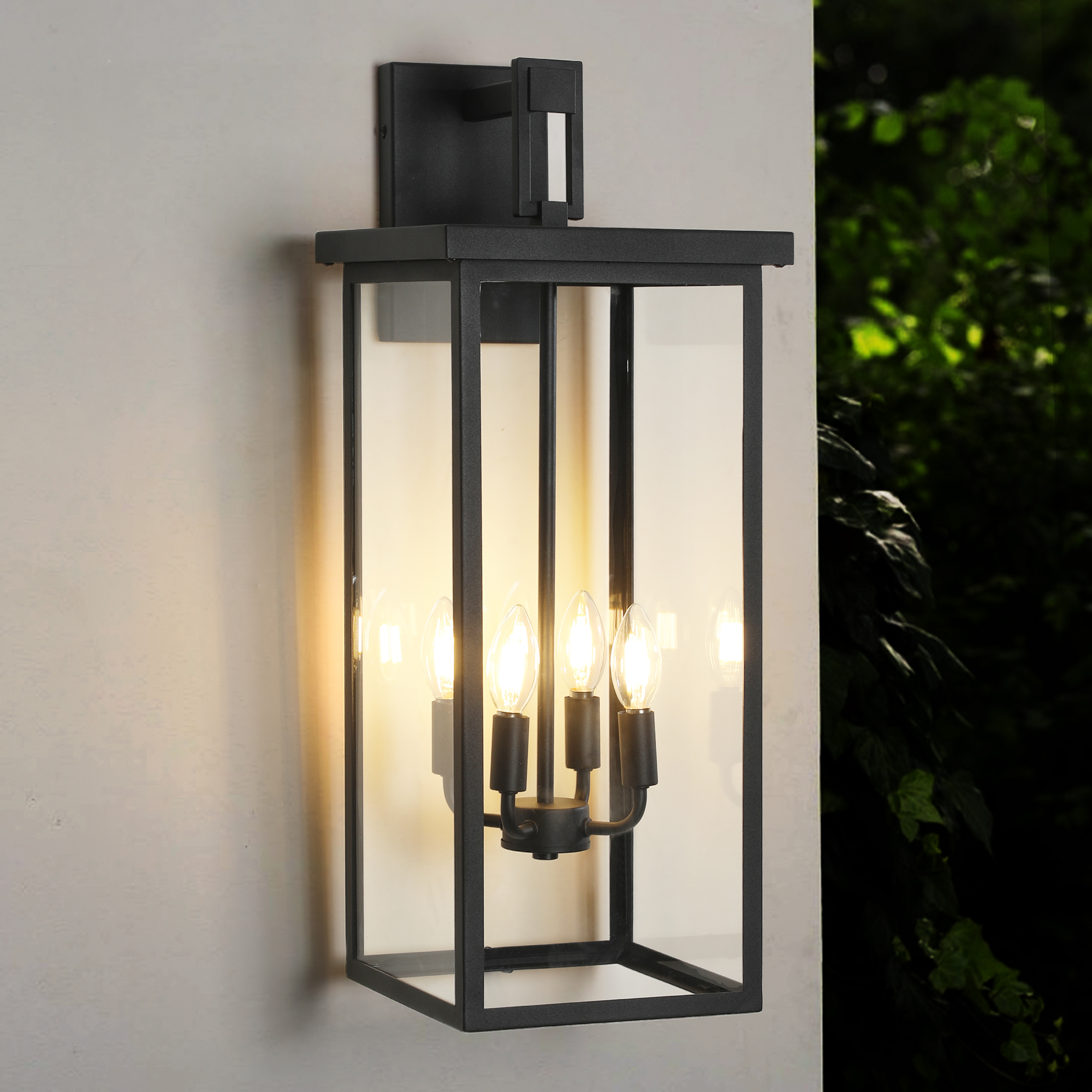 26"(H) 1ps Modern Outdoor Wall Lanterns with Black Metal Frame and Clear Glass, 4 E12 Bulb Socket, Weatherproof Wall Sconces for Porch, Garden, Patio (No Bulbs)