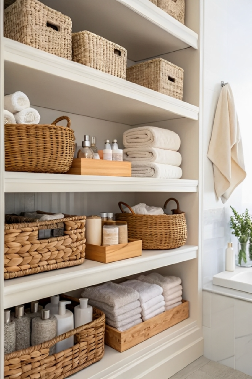Organized shelf using PinShop storage baskets for simple home storage ideas