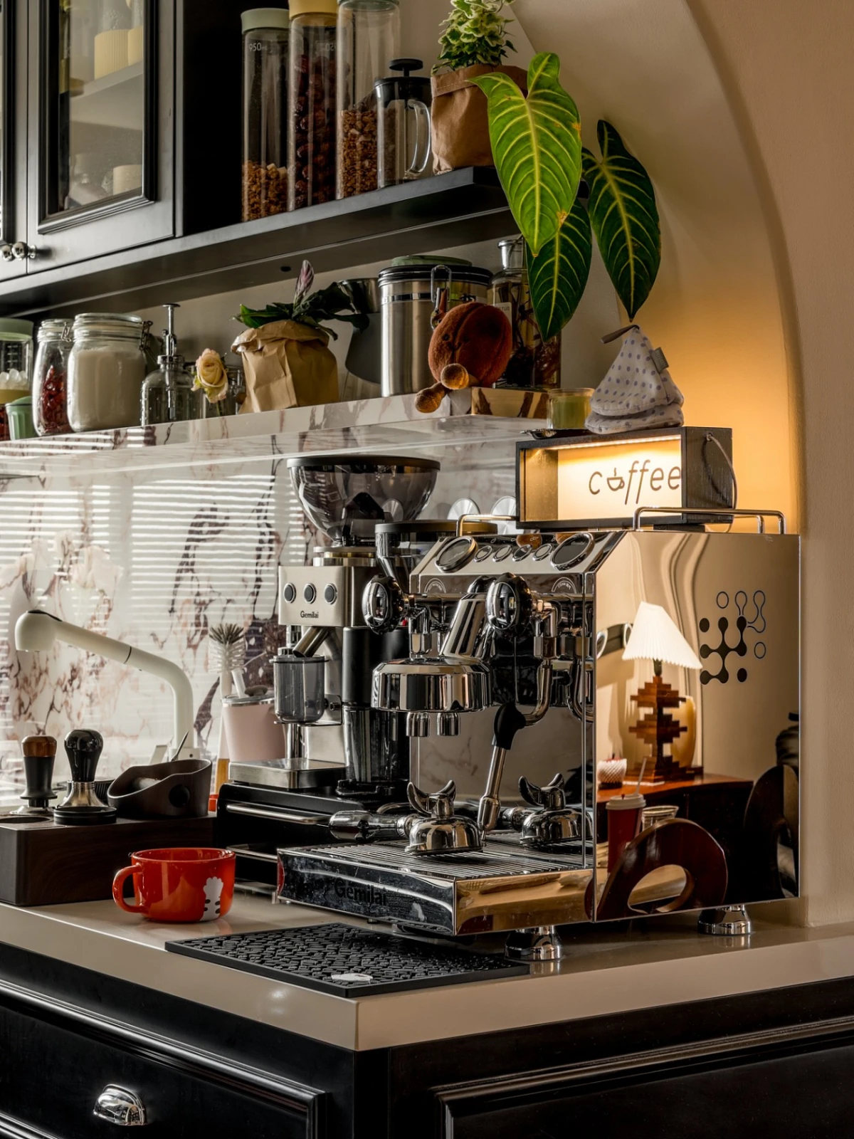 Home coffee bar setup with coffee machine and accessories from PinShop